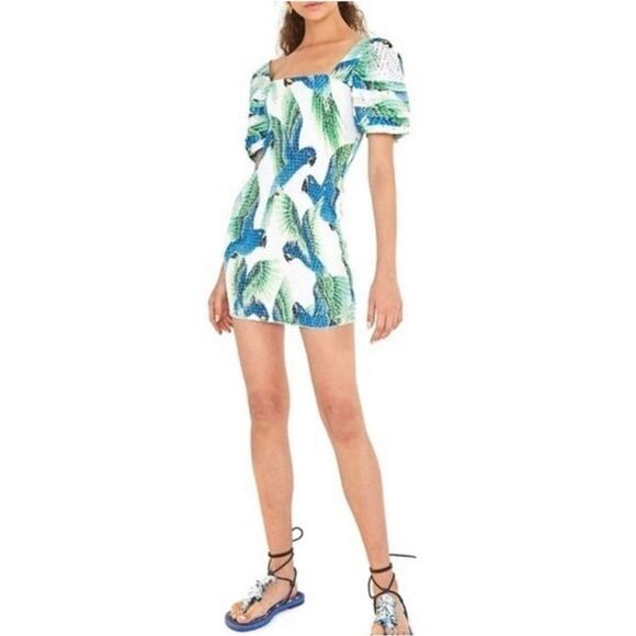 Farm Rio Sz. Xs Elegant Green and Blue Parrot Print Dress - Picture 1 of 3